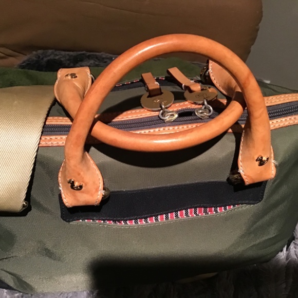 DANZO ‘RETRO KHAKI GREEN NYLON WITH BEIGE VACHETTA HANDLES & TRIMS  BABY BAG - Picture 7 of 16